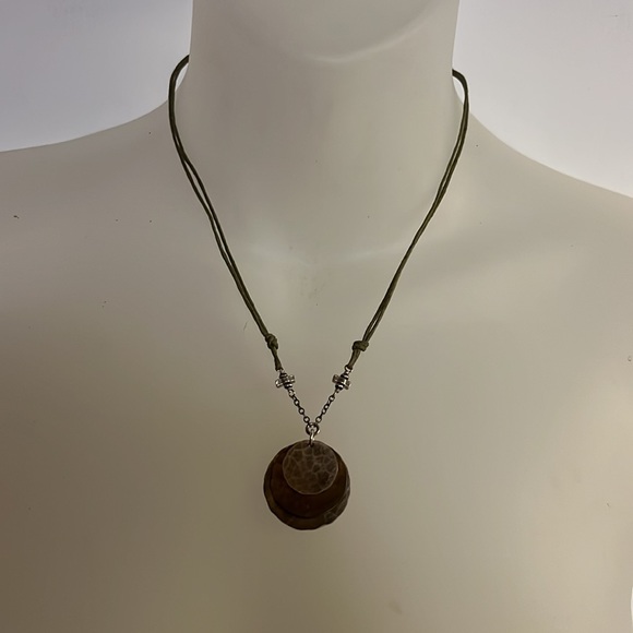 Sterling silver and brass metal pendant on olive green two-strand cord n… - Picture 4 of 5